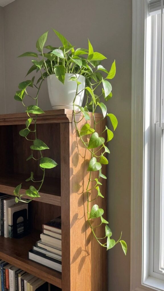 Trailing green pothos in a white pot sits on a wooden bookshelf in sunlight.